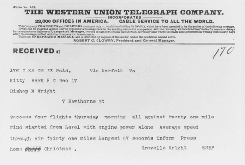 Telegram from Orville Wright in Kitty Hawk, North Carolina, to his father announcing four successful powered flights, December 17, 1903